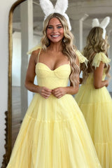 Yellow Prom Dress A Line Spaghetti Straps Tulle Long Evening Dress