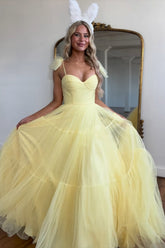 Yellow Prom Dress A Line Spaghetti Straps Tulle Long Evening Dress