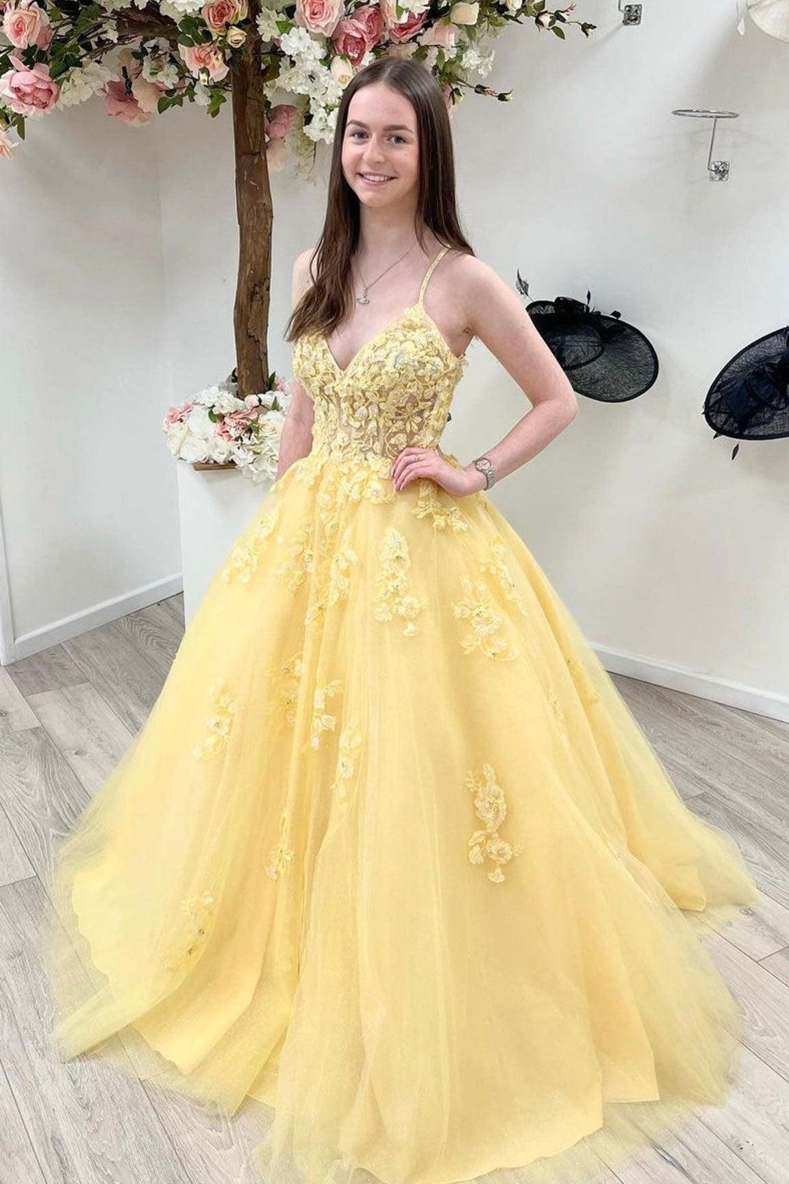 Yellow Prom Dress A Line Tulle Lace Long Formal Gown Evening Dress