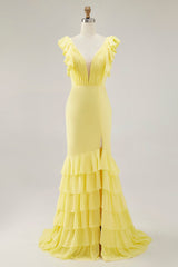 Yellow Prom Dress Chiffon V-Neck Long Mermaid Ruffles Formal Dress With Slit