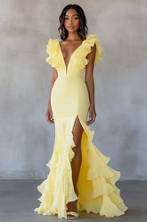 Yellow Prom Dress Chiffon V-Neck Long Mermaid Ruffles Formal Dress With Slit