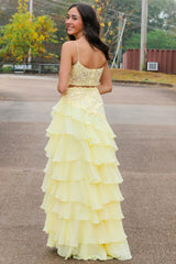 Yellow Prom Dress Floral Tiered Spaghetti Straps Evening Dress with Slit