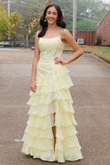 Yellow Prom Dress Floral Tiered Spaghetti Straps Evening Dress with Slit