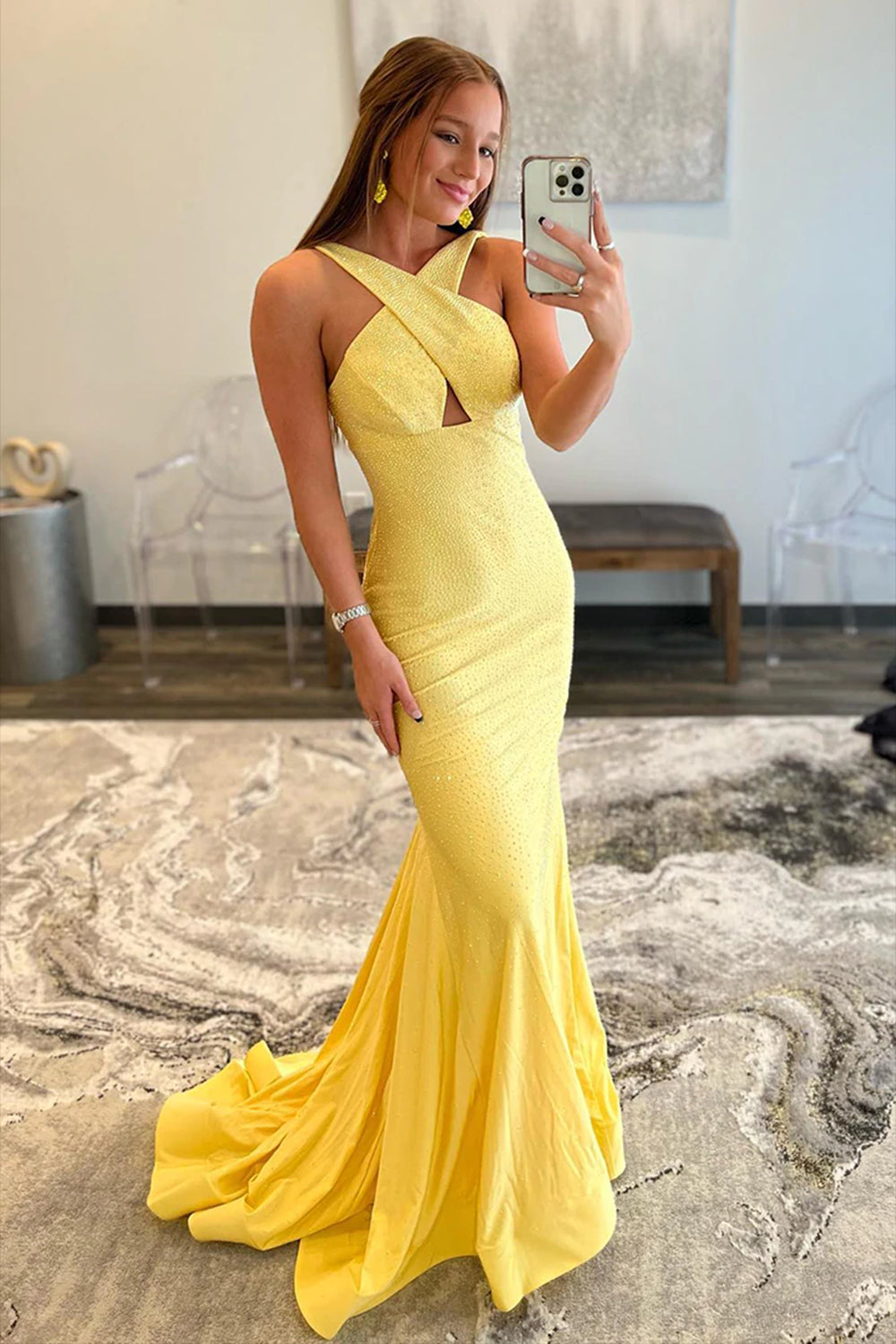 Yellow Prom Dress Halter Mermaid Evening Dress