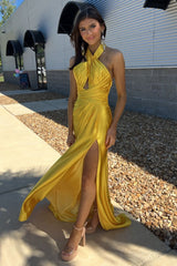 Yellow Prom Dress Halter Mermaid Satin Long Evening Dress with Slit