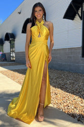 Yellow Prom Dress Halter Mermaid Satin Long Evening Dress with Slit