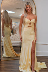 Yellow Prom Dress Hollow Out Sweetheart Evening Dress with Slit