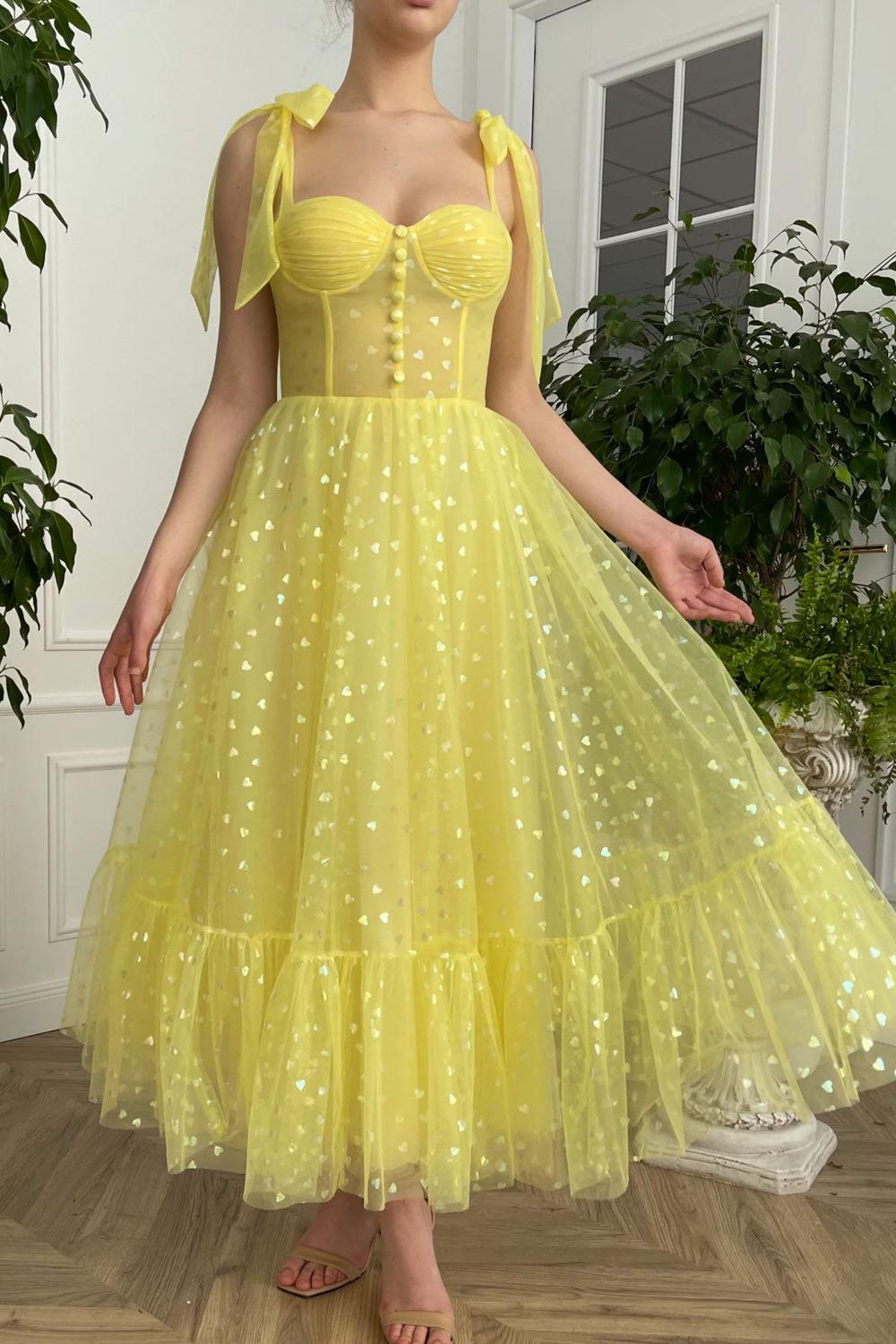 Yellow Prom Dress Homecoming Dress Sweetheart Neck Tulle Tea Length Party Cocktail Dress
