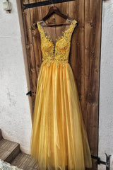 Yellow Prom Dress Lace Tulle Long Formal Evening Dress