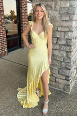 Yellow Prom Dress Mermaid Corset Asymmetrical Evening Dress with Ruffles