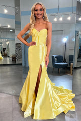Yellow Prom Dress Mermaid Sweetheart Ruche Evening Dress with Slit