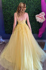 Yellow Prom Dress One Shoulder Tulle Lace Long Formal Evening Dress