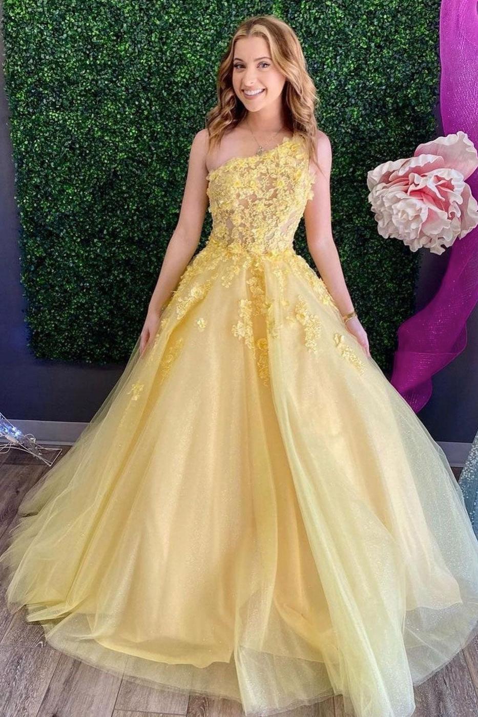 Yellow Prom Dress One Shoulder Tulle Lace Long Formal Evening Dress