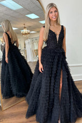 Yellow Prom Dress Plunge V Ruffle Tiered Long Evening Dress with Split