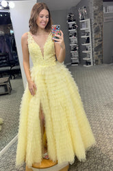 Yellow Prom Dress Plunge V Ruffle Tiered Long Evening Dress with Split