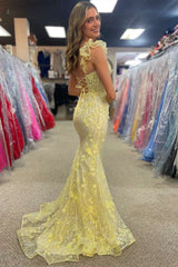 Yellow Prom Dress Ruffle Straps 3D Flower Mermaid Long Evening Dress