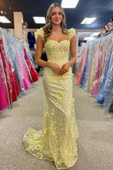 Yellow Prom Dress Ruffle Straps 3D Flower Mermaid Long Evening Dress