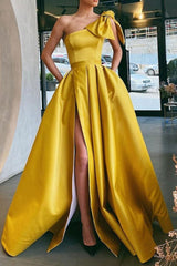 Gold A Line Prom Dress Sleeveless One Shoulder Satin Formal Dress