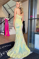 Yellow Prom Dress Sequin Appliques Scoop Neck Mermaid Long Elegant Evening Dress with Split