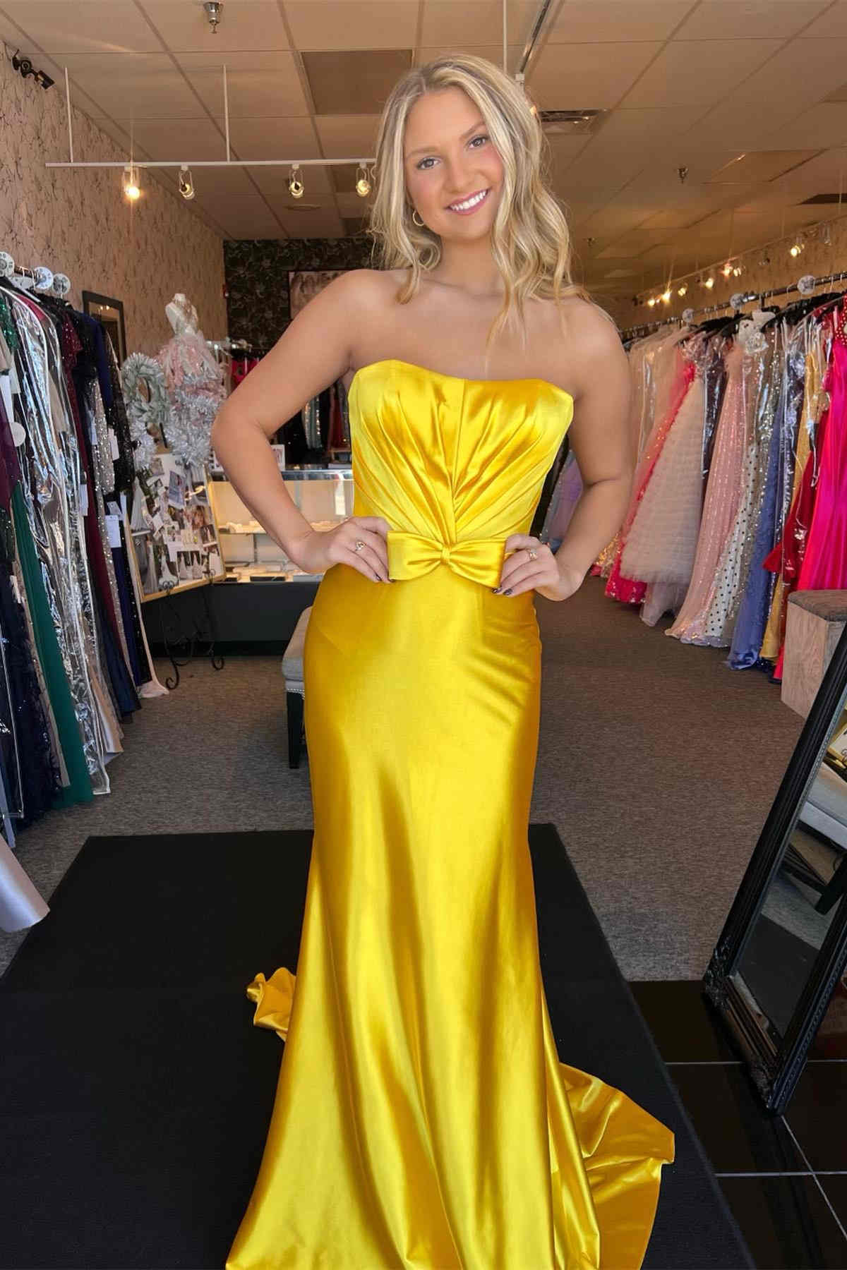 Yellow Prom Dress Strapless Bow Mermaid Long Evening Dress