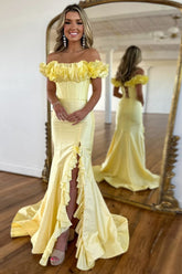 Yellow Prom Dress Strapless Mermaid Corset Long Evening Dress with Ruffles