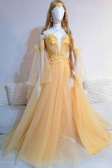Yellow Prom Dress Sweetheart Lace Tulle Long Formal Dress Evening Dress