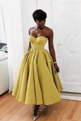 Yellow Prom Dress Sweetheart Neck Satin Tea Length Evening Dress