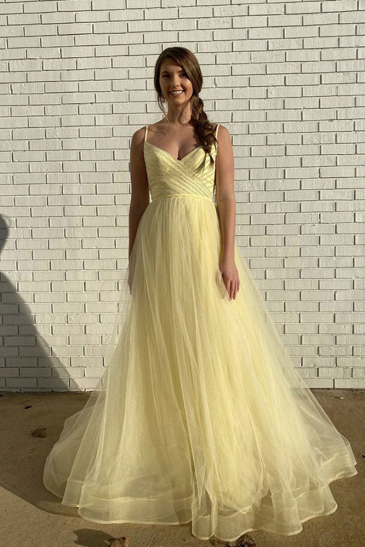 Yellow Prom Dress Sweetheart Tulle Long Evening Dress