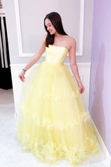 Yellow Prom Dress Tulle 3D Appliques Long Formal Evening Dress
