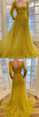 Yellow Prom Dress Tulle Beaded Long Formal Gown Evening Dress
