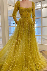 Yellow Prom Dress Tulle Beaded Long Formal Gown Evening Dress
