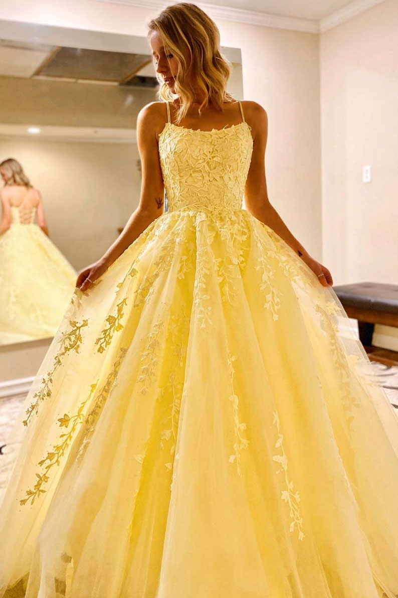 Yellow Prom Dress Tulle Lace Long Formal Evening Dress