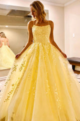 Yellow Prom Dress Tulle Lace Long Formal Evening Dress