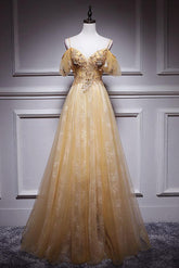 Yellow Prom Dress Tulle Lace Long Formal Gown Evening Dress