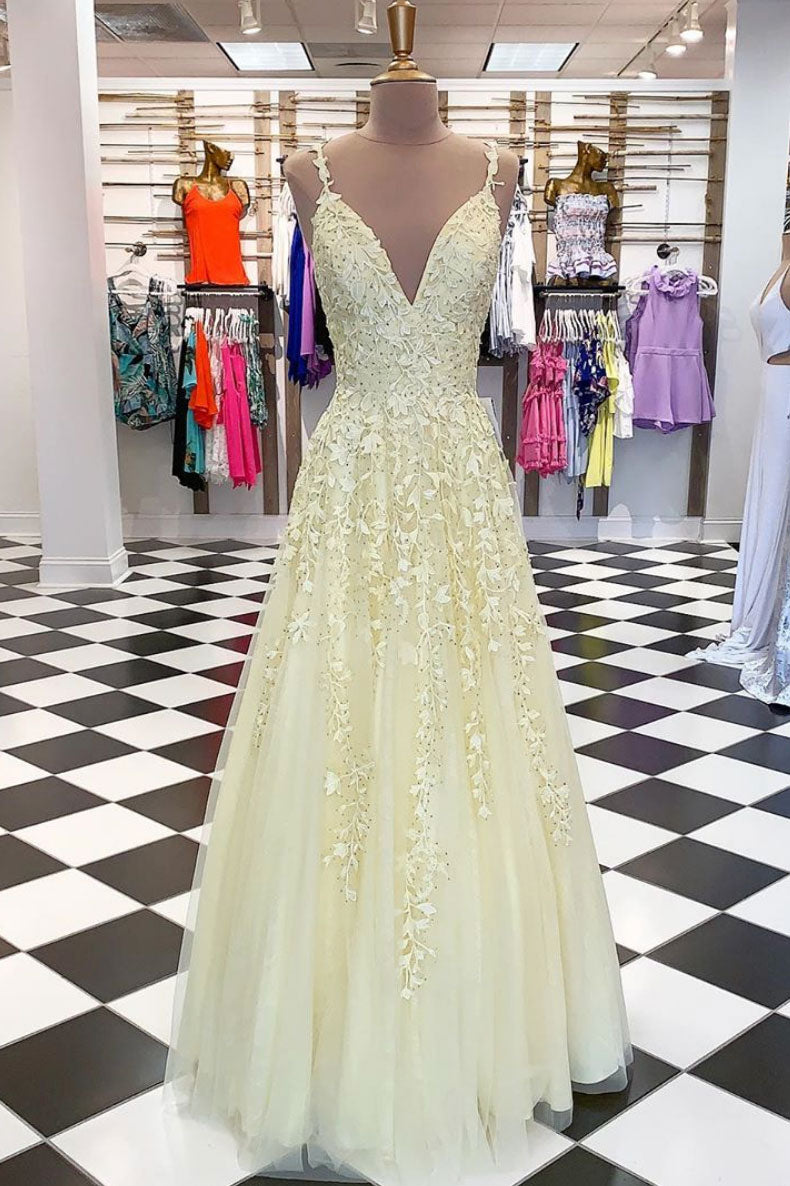 Yellow Prom Dress Tulle Lace Long Formal Gown Evening Dress