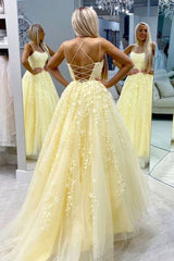 Yellow Prom Dress Tulle Lace Long Formal Gown Evening Dress