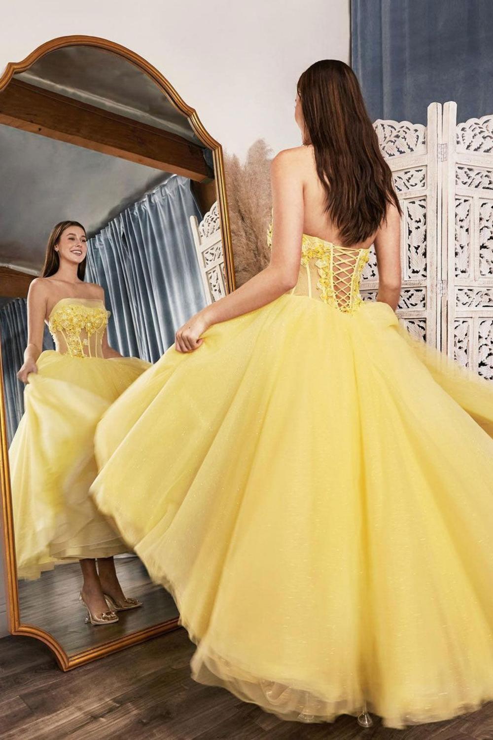 Yellow Prom Dress Tulle Tea Length Lace Formal Evening Dress