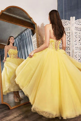 Yellow Prom Dress Tulle Tea Length Lace Formal Evening Dress