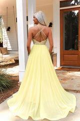 Yellow Prom Dress V Neck Chiffon Beaded Long Formal Dress Evening Dress