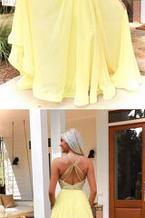 Yellow Prom Dress V Neck Chiffon Beaded Long Formal Dress Evening Dress