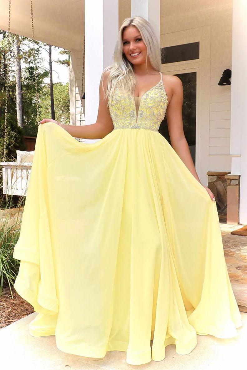 Yellow Prom Dress V Neck Chiffon Beaded Long Formal Dress Evening Dress
