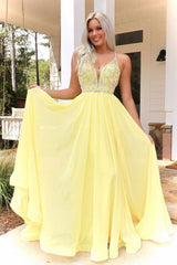 Yellow Prom Dress V Neck Chiffon Beaded Long Formal Dress Evening Dress