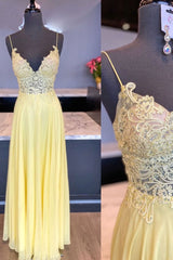 Yellow Prom Dress V Neck Chiffon Lace Long Formal Evening Dress