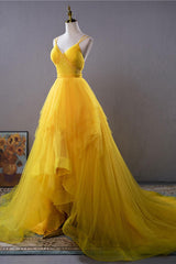 Yellow Prom Dress V Neck High Low Evening Gown Evening Dress