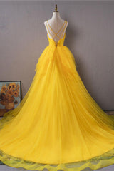 Yellow Prom Dress V Neck High Low Evening Gown Evening Dress