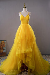 Yellow Prom Dress V Neck High Low Evening Gown Evening Dress