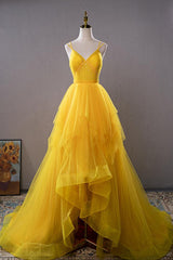Yellow Prom Dress V Neck High Low Evening Gown Evening Dress