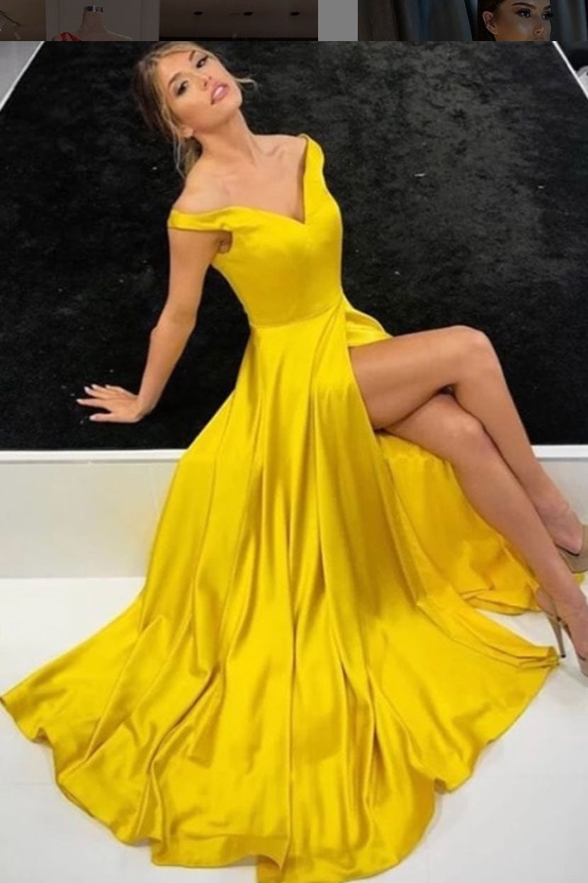 Yellow Prom Dress V Neck Satin Long Formal Dress Evening Dress