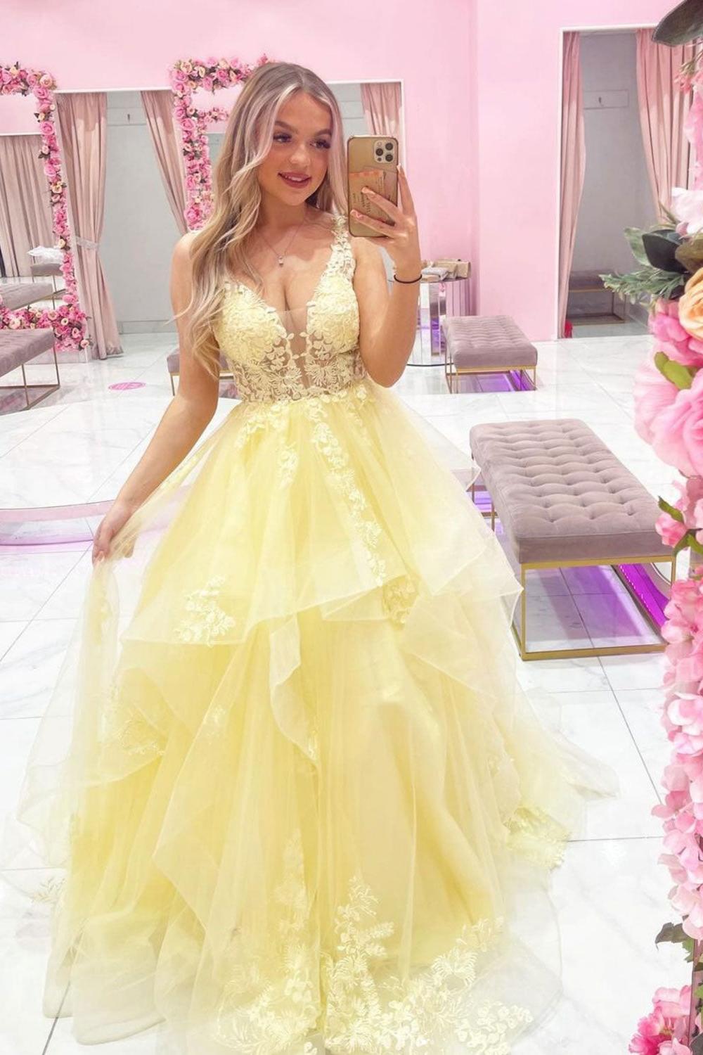 Yellow Prom Dress V Neck Tulle Lace Long Evening Dress