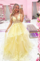 Yellow Prom Dress V Neck Tulle Lace Long Evening Dress